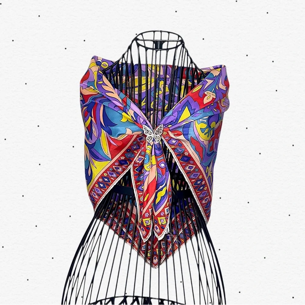 Vintage Vibrant Multicolor Floral Silk Square Scarf